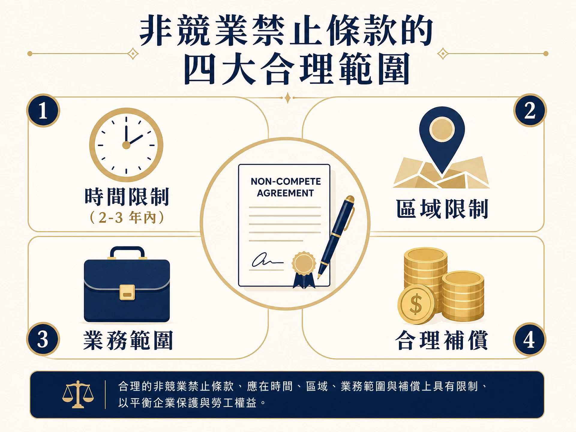 競業禁止條款的四大合理範圍：時間、區域、業務範圍、補償機制