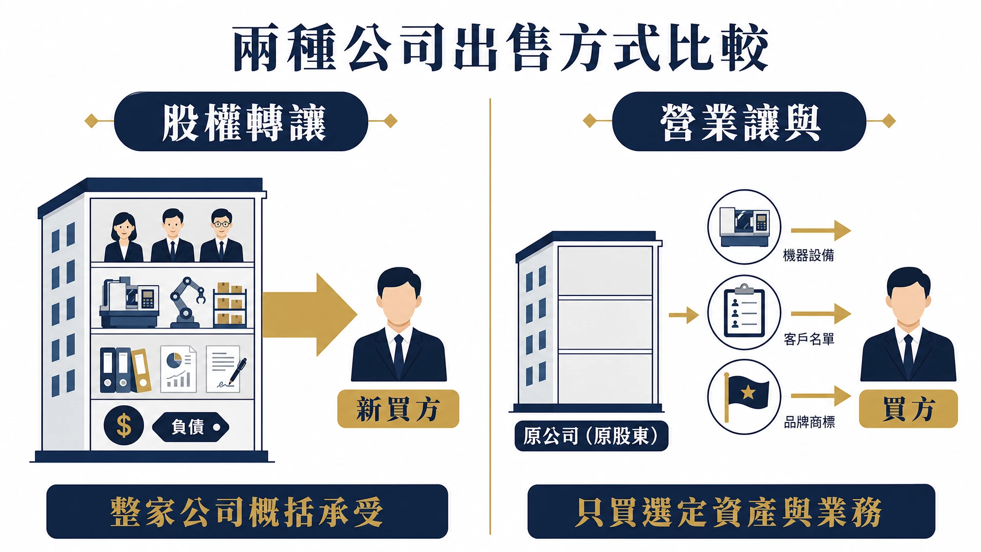 股權轉讓與營業讓與差異示意圖：股權轉讓是公司整體易主，營業讓與是出售特定資產與負債