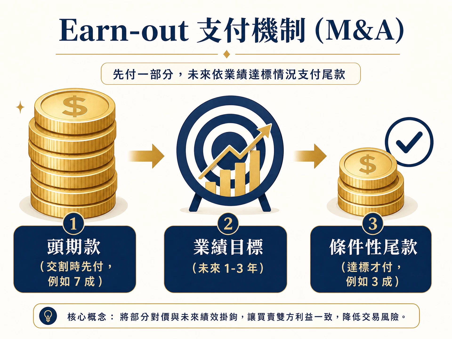 業績對賭 Earn-out 機制圖解：頭期款與條件性尾款的分配