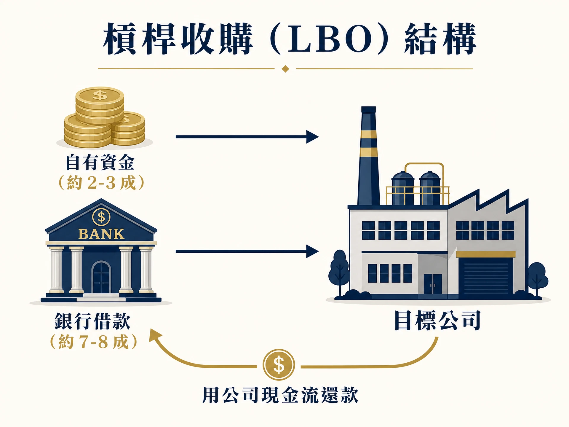 LBO 槓桿收購運作流程圖：自有資金與銀行借款的比例，以及如何用目標公司現金流還款