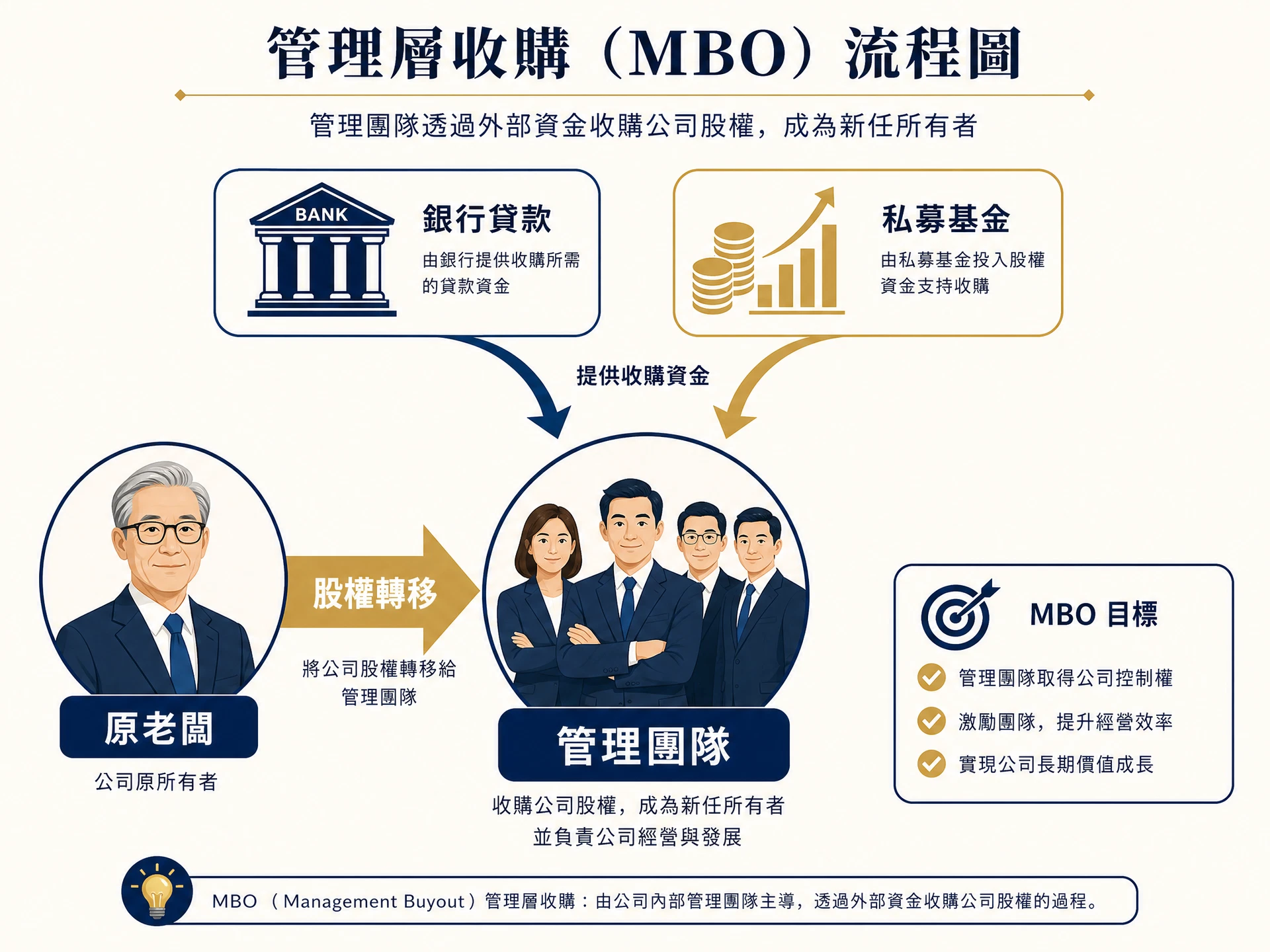 MBO 管理層收購流程圖：從評估、融資到股權轉移