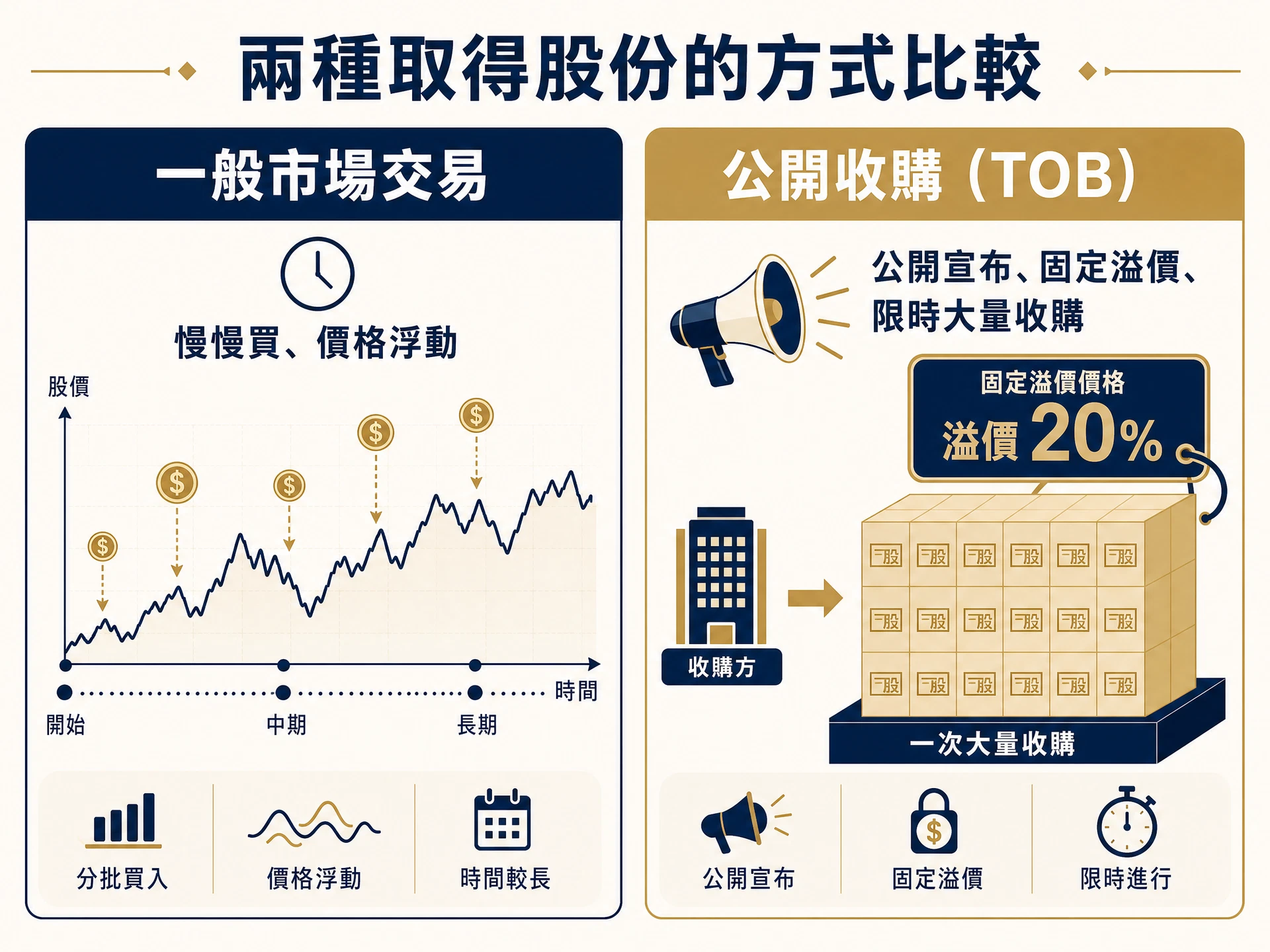 公開收購（TOB）與一般市場交易的差異比較圖